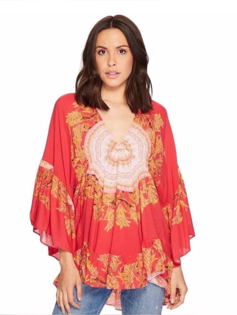 Free People Bohemian Red Floral V-Neck Tunic Top
